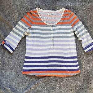 Boden Women Size US 10 Cream and Blue Stripe Cotton Blend Textured Button Tunic